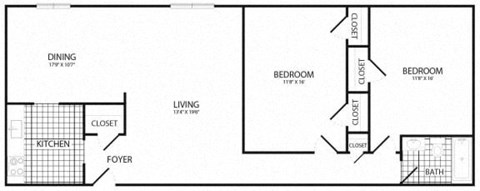 Floor plan for 2 beds, 1 bath, 1056 sqft